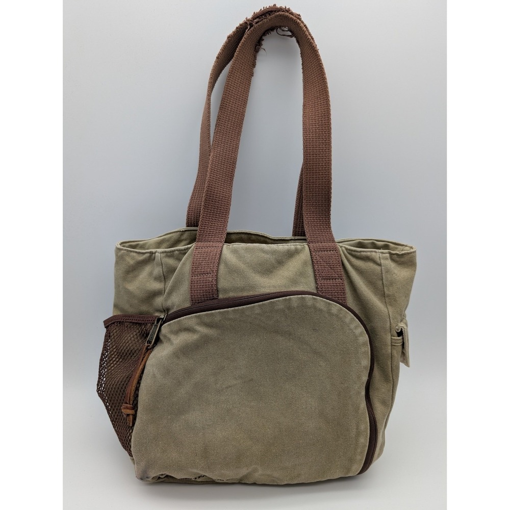 Duluth Trading Co Canvas Tote Bag Olive Green Brown Trim Multi Pocket Utility